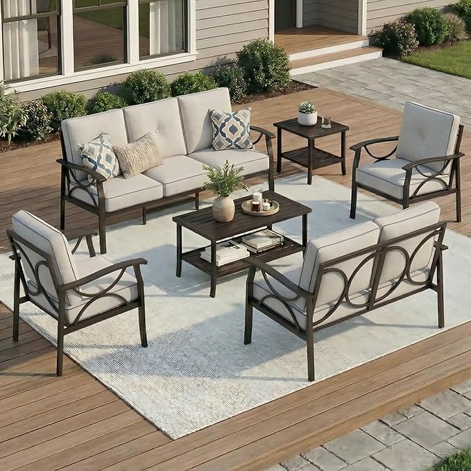 RoyalCraft 6-Pieces Outdoor Patio Furniture Set, Outdoor Metal Sectional Furniture with Cushions, Outdoor Conversation Seating Set with Coffee Table for Balcony, Backyard, Garden, Deck, Black