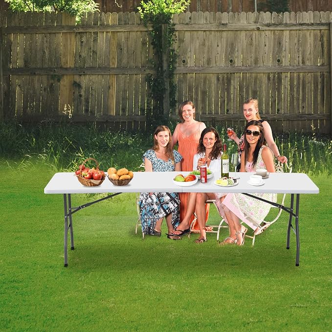 Folding Event Table, Heavy Duty Picnic Table Indoor Outdoor Camping, 8FT Portable w Handle Lock for Banquet, White