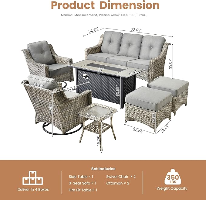 HOOOWOOO Patio Furniture Set,7 Pieces Wicker Outdoor Furniture,High Back Conversation Set with All Weather Resistant Fire Pit Table Couch Swivel Chairs Ottomans,Dark Gray