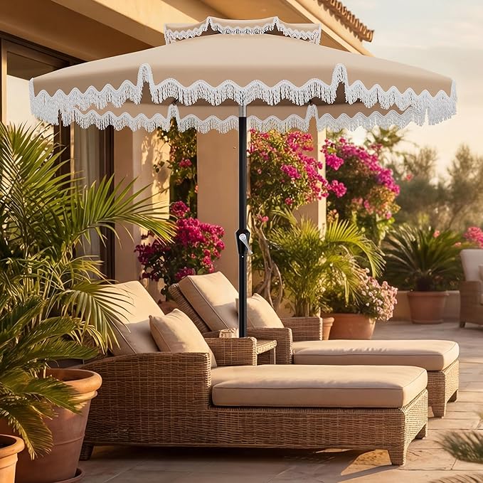 AreShark 9FT Patio Umbrella with Fringe, Wind-Resistant Fiberglass 8 Ribs Tassel Outdoor Umbrella with Crank and Push Button Tilt, Double Tier Vent Sun Shade for Pool, Deck, Backyard, Beige