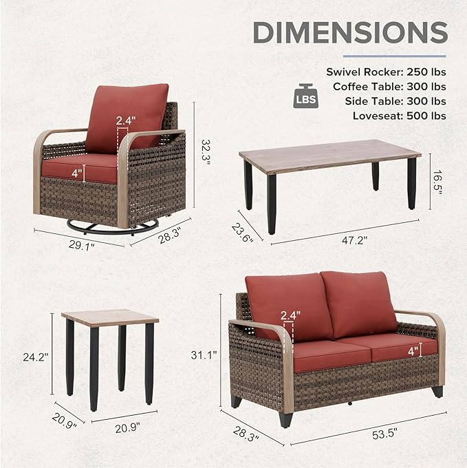 COOS BAY Modern Wicker Outdoor Furniture Set, 5 Piece Patio Conversation Set with 2 Swivel Rockers, a Loveseat, Coffee Table and Side Table, 5 Piece, Brown/Red
