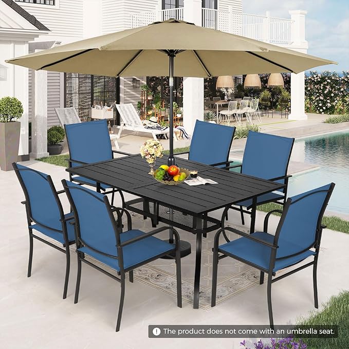 Incbruce 8 Pieces Patio Dining Set with Brown Umbrella, Outdoor Dining Set of 6 Textilene Chairs and Rectangle Table with Umbrella Hole for Backyard, Garden, and Poolside (Blue)