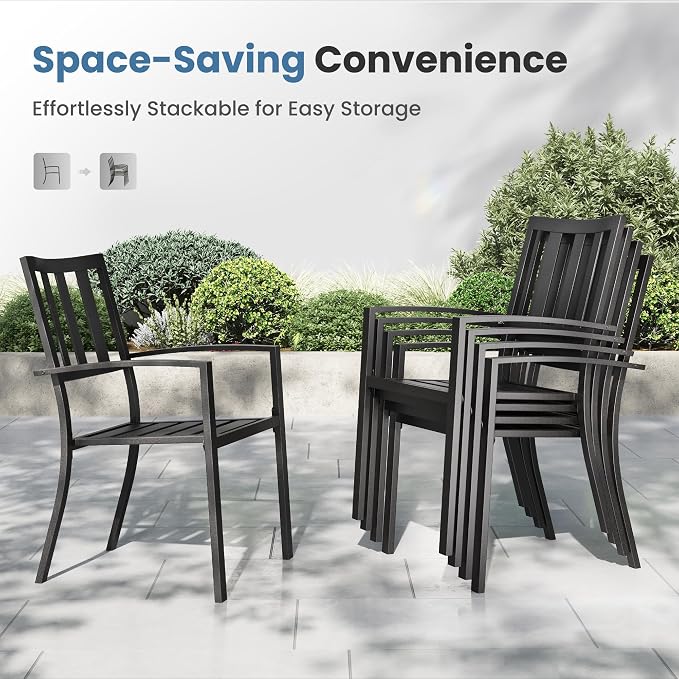 PHI VILLA 7 Piece, Outdoor Dining Set, 54" Round Table& Stackable Chairs | Wrought Iron Dining Table with Umbrella Hole & Stackable Steel Chairs, Patio Furniture Set for Patio, Deck, Yard, Porch