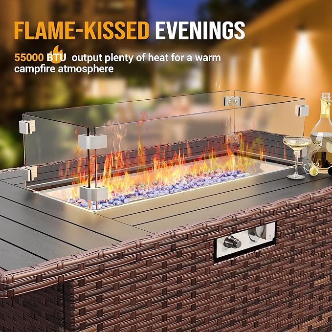 Outdoor Patio Furniture Set with 44" Fire Pit Table 8 Pieces Rattan Patio Sectional Sofa Conversation Set w/55000 BTU Propane Gas Fire Pit, Coffee Table, 2 Waterproof Covers, Grey