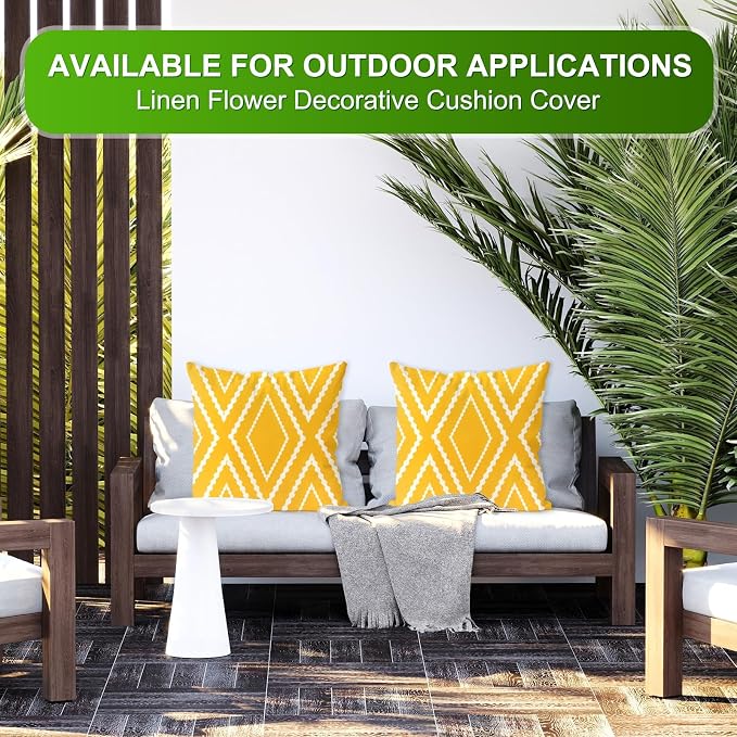 M METERXITY 2-Pack Boho Pillow Cover 16x16 Linen, Yellow White Stripe | Water Resistant Boho Geometric Slipcover, for Patio, Balcony, Garden, Decor Pillow Case
