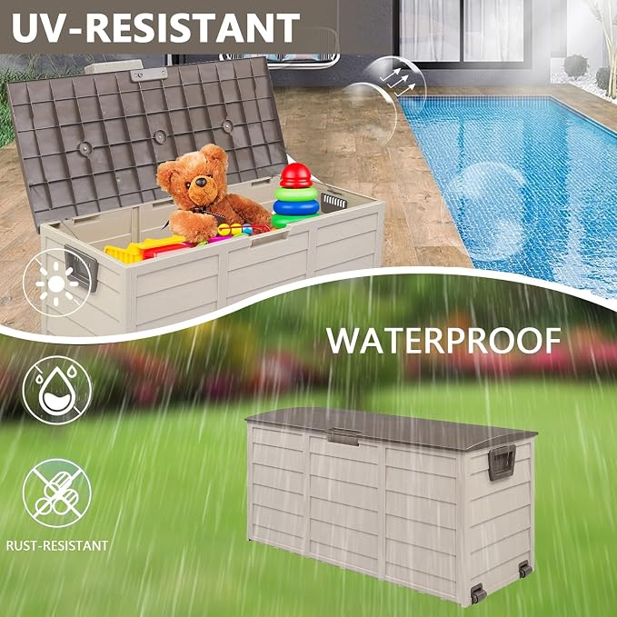 75 Gallon Outdoor Storage Box,Waterproof Deck Box with Lockable Lid&Wheels,Easy-open Outdoor Storage Bench with Handles for Garden,Pool,Balcony (Brown)