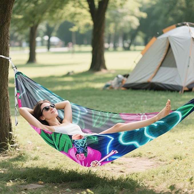 Summer Neon Hibiscus Frangipani Flower 330lb Capacity Outdoor Hammock with Hanging Ropree Hammock for Outside Patio Backyard Poolside hamaca inflable para Piscina