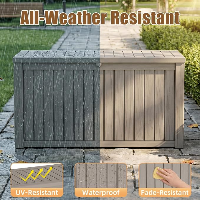 200 Gallon Outdoor Storage Box, Large Resin Deck Box, Waterproof Lockable Storage Container Bins Reinforced Stabilityfor Patio, Garden and Poolside, Grey