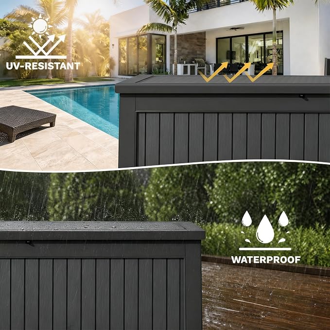 MOCUTEEN 260 Gallon Deck Box, Large Storage Bins with Lids for Furniture, Patio Cushion, Toy Storage, Lockable and Waterproof Storage Container With Support Rod, Black