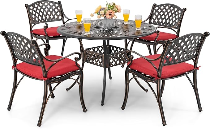 NUU GARDEN 5 Piece Outdoor Patio Dining Set, Cast Aluminum Round Dining Table with Red Cushions, Umbrella Hole and Patio Dining Chairs for Garden, Backyard, Balcony, Black with Bronze Edge