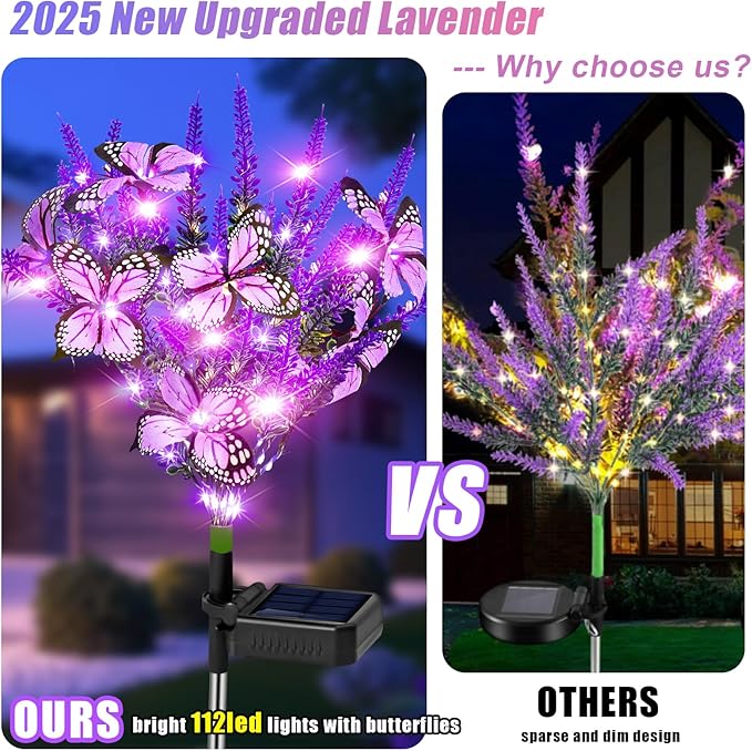 NBQQ Solar Garden Lights Outdoor 6 Pack Lavender Butterfly Lights, Solar Artificial Flower Outdoor Waterproof Decoration Gardening Gifts for Women, Yard Patio Pathway Lawn Courtyard Decoration