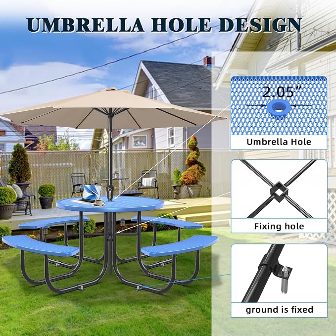 KEIKI 78.7" Heavy-Duty Metal Picnic Table w/2.05" Umbrella Hole, Round Commercial Outdoor Steel Table for 4–8 People, 2.5mm Mesh Top, Rust-Resistant Coating, Patio Backyard Park Dining Furniture, Blue