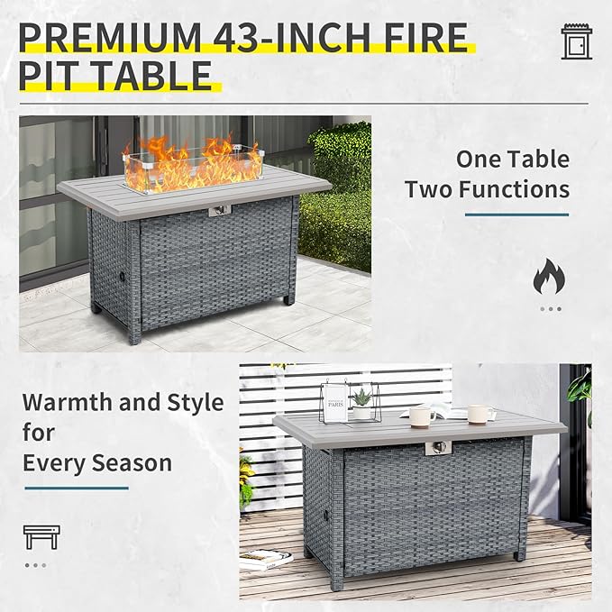 7 Piece Wicker Patio Furniture Sets Outdoor Conversation Set, PE Rattan Sectional Sofa Couch with Fire Pit Table and Non-Slip Peacock Blue Cushions, Furniture Covers Included