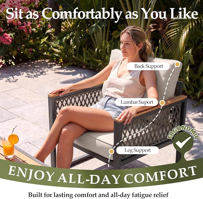 UPHA 5 Pieces Patio Furniture Set, Metal Outdoor Sectional Couch Set with Loveseat & 3-Seat Sofa, 2 Chairs, Coffee Table, Modern Patio Conversation Set for Porch Balcony Deck, 7 Seats, Beige