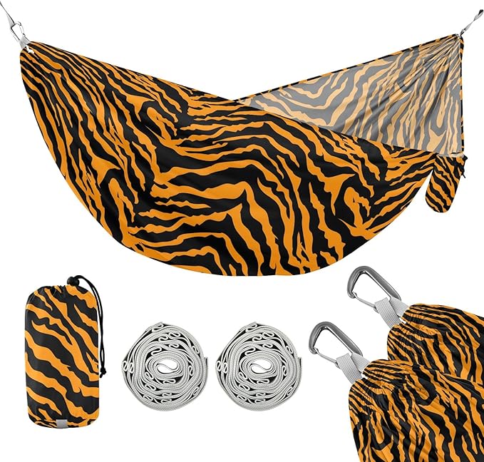 Camping Hammock Outdoor Hammocks for Outside Tiger Stripe Beach Trees Portable Lightweight with Pockets Tree Straps Indoor