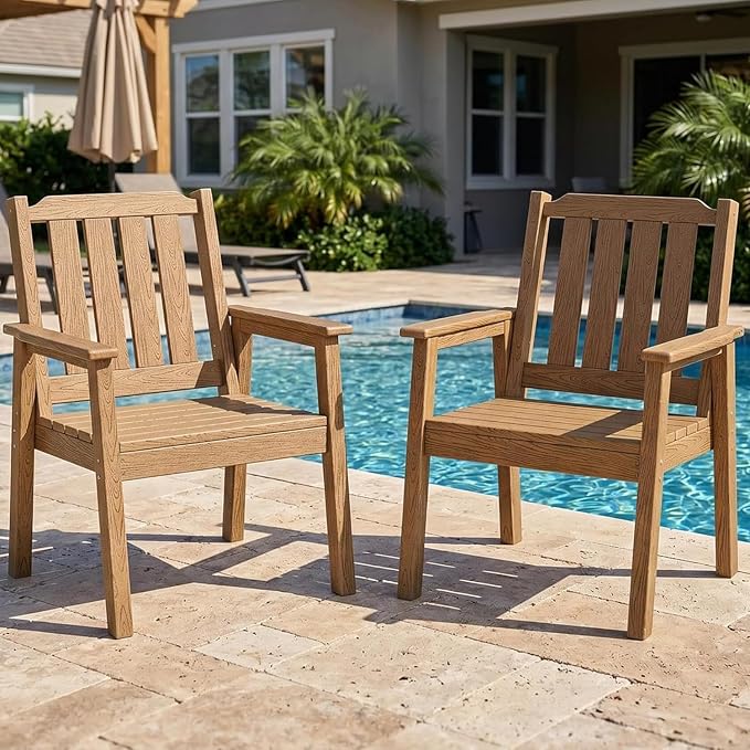 Garvee Outdoor Patio Dining Chairs Set of 2, Outdoor HDPE Garden Dining Chairs, Sturdy Frame, Waterproof, All-Weather for Backyard, Poolside, Porch, Deck, Natural