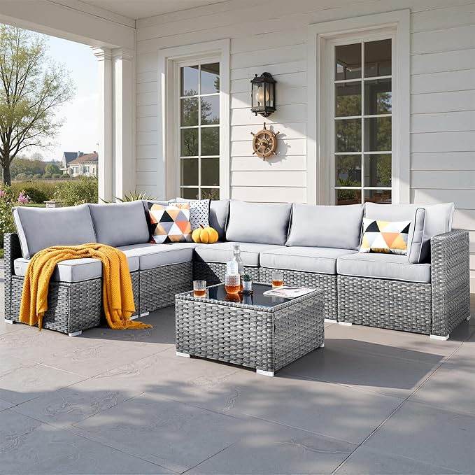 7 PCS Outdoor Patio Furniture Sets,Wicker Weather Resistant Patio Conversation Set with Comfy Cushions,Modular L Shaped Sofa with Coffee Table for Yard Backyard Porch Garden Poolside,Light Grey