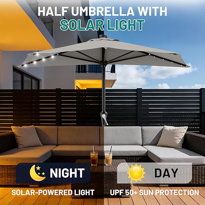 AreShark 9ft Patio Half Umbrellas with Solar Lights, 1/2 LED Half Outdoor Umbrella w/ 20 LED Lights, Lighted Table Wall Umbrella with Crank & 5 Sturdy Ribs for Market, Pool, Deck, Lawn and Garden, Foggy Gray
