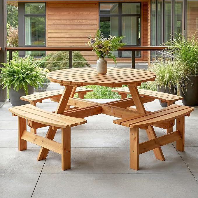 VINGLI Wood Picnic Table Outdoor Round Picnic Table with 7.5ft Umbrella and 4 Built-in Benches, Outdoor Dining Tables and Chairs 550 LBS Bench Capacity (Navy, Square)