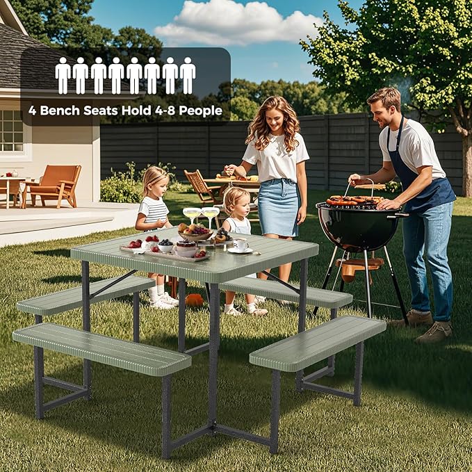 Giantex Picnic Table Bench Set for 4-8 People, 34" Outdoor Square Dining Table & 2 Benches w/Umbrella Hole, HDPE Tabletop, Metal Frame, Patio Camping Furniture for Backyard Porch Lawn (Green,Square)