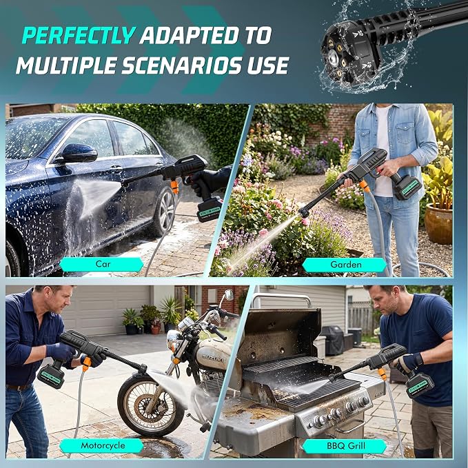 Cordless Portable Washer, 1180 PSI Battery Operated Washer with 6-in-1 Nozzle, Battery, 16.4FT Elastic Hose, Handheld Washer, Lightweight Car Washer for Car, Garden, Patio & Floor Cleaning