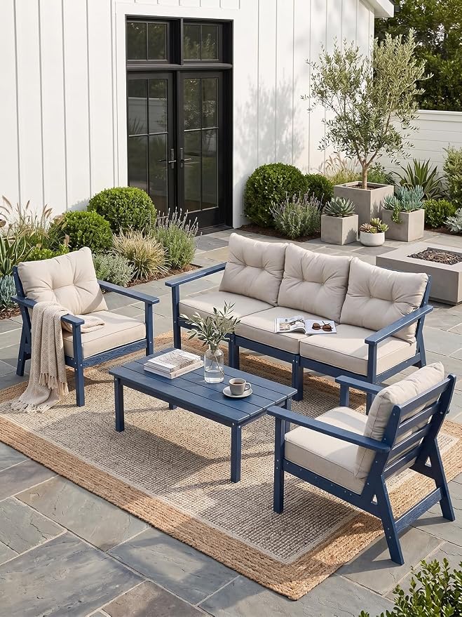 HDPE Patio Conversation Set 5 Seats, Outdoor Furniture Set, Patio Sofa Set | Water-Resistant Thick Cushion, HDPE All Weather, Wood-Grain, No Rot or Rust or Crack, UV Fade Shield, Easy-Clean for Outside
