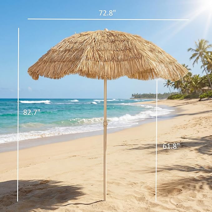 Outsunny 6FT Tiki Umbrella, Outdoor Hawaiian Style Patio Umbrella with 8 Ribs, Carry Bag, Outdoor Tiki Bar, Tropical Palapa for Pool, Beach, Khaki