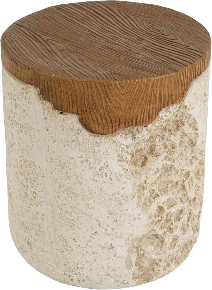 Merax Outdoor Patio Side Table, Modern MGO Round Accent End Table with Beige Textured Base & Faux-Wood Grain Top, Sculptural Design, 19" Height Side Table for Poolish Garden Balcony