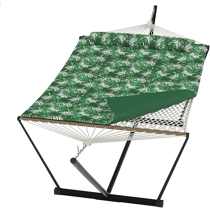 Double Hammock with Stand for 2 Person, 450 Lbs Capacity Heavy Duty Cotton Rope Hammock with Steel Space-Saving Stand, PP Cotton Pad & Pillow, Portable for Backyard, Garden, Patio, Indoor Outdoor Use