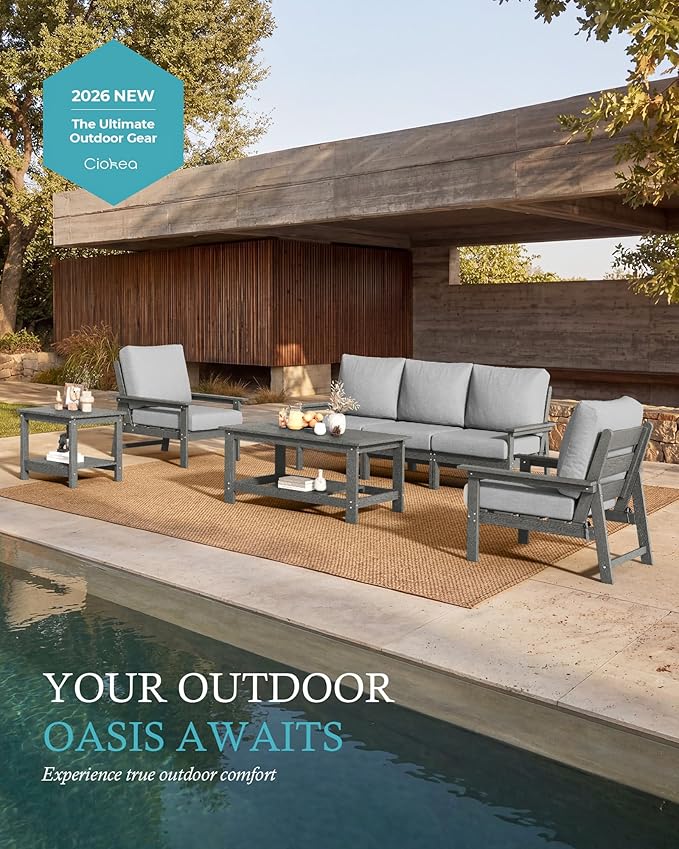 Ciokea Modular Patio Furniture Set with Thicked Cushions, 7Pcs All-Weather Outdoor Conversation Set with Coffee Table & Side Table, Modern Sectional Sofa Set for Deck (Grey Frame/Grey Cushions)