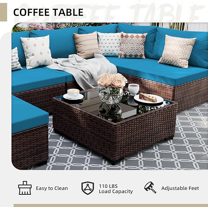 UPHA 9 Pieces Patio Furniture Sets, Wicker Outdoor Sectional Sofa Couch with Round Propane Pit for Deck Backyard Garden, Brown Rattan, Deep Lake Blue Cushion