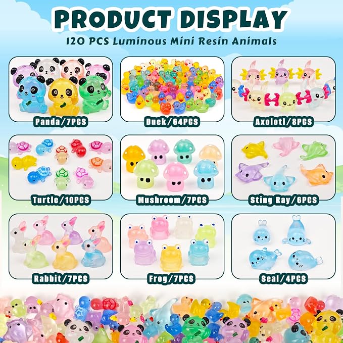 120 Pcs Luminous Mini Resin Animals Glow in The Dark Miniature Figurines | Small Little Tiny Plastic Duck Panda Animal Figures, DIY Crafts Micro Landscape Decoration Fairy Garden Accessories