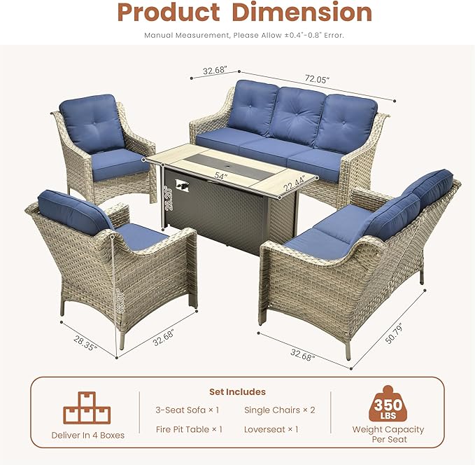 HOOOWOOO Patio Furniture Set,5 Pieces Wicker Outdoor Furniture,High Back Conversation Set with All Weather Resistant Fire Pit Table Couch Loveseat Chairs,Navy Blue
