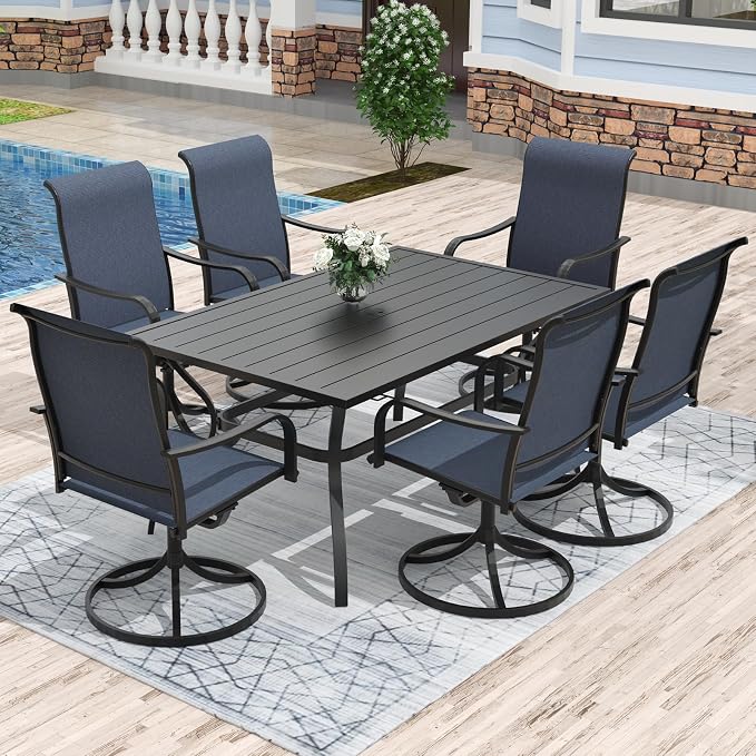 Anmutig 7-Piece Outdoor Patio Dining Set with 6 Dining Swivel Chairs, Outdoor Furniture Steel Frame Slat Rectangular Table with 1.57" Umbrella Hole for Backyard, Blue