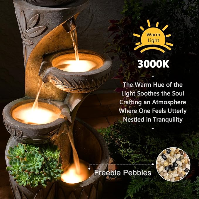 35.6" Solar Outdoor Water Fountain - Relief Leaf Design 4 Tiers Modern Cascading Bowls and Garden Fountains with Lights for Patio, Deck, Porch, Lawns, Backyard and Home Art Decor