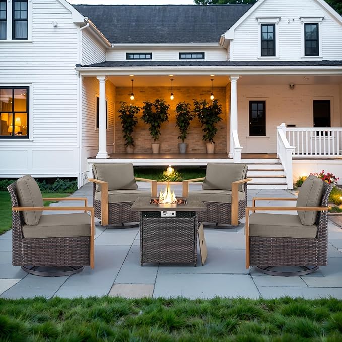 Belord Social 5 Pieces Patio Furniture Set - Swivel Rocker Glider Outdoor Chairs Set of 4 with 50000BTU Propane Fire Pit Table, Durable Wicker Outdoor Conversation Set for Casual Gathering