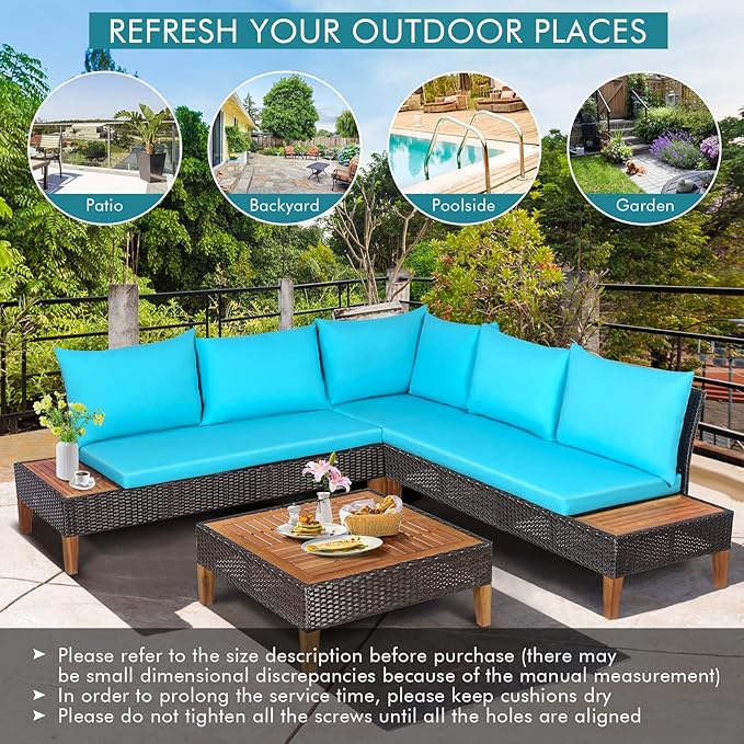 Tangkula 4 Pieces Acacia Wood Patio Conversation Set, Patiojoy Outdoor PE Rattan Sectional Sofa Set with Coffee Table, Corner Sofa & 2 Loveseats, for Backyard Garden Poolside