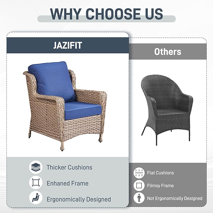 5 Piece Patio Furniture Set with Ottomans, PE Wicker Outdoor Chairs with Cushions & Tempered Glass Table, Space-Saving Balcony Furniture Set for Porch, Garden, Backyard, Blue