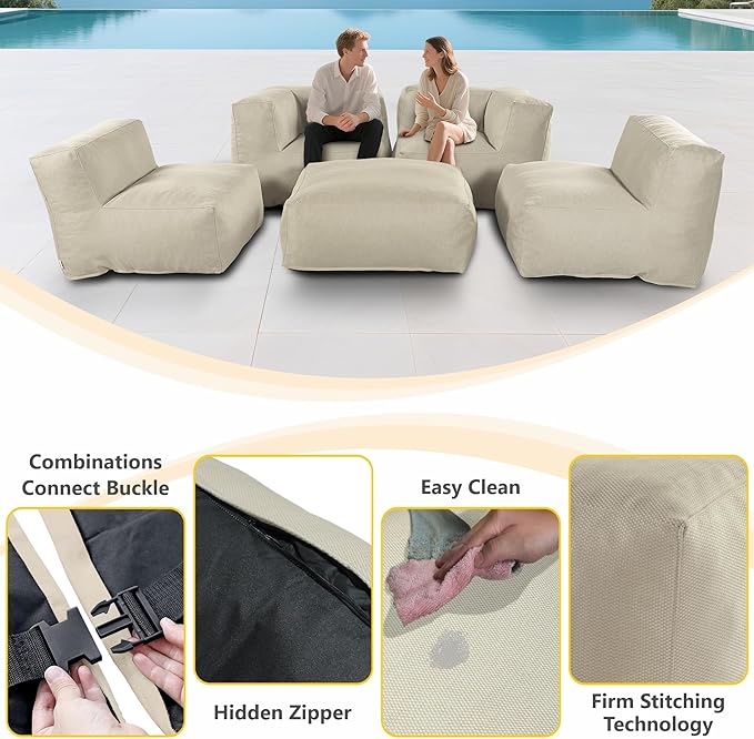 Patio Furniture Set, 5 Pcs Outdoor Conversation Set with Bean Bag Middle Chairs, Corner Chair, Ottomans, Modern Foam Couch Set for Garden, Deck, Balcony (5, Light Beige)