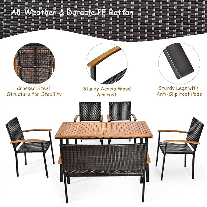 Tangkula 6 Piece Patio Dining Set, Outdoor Acacia Wood Dining Furniture w/Acacia Wood Table Top, Modern Conversation Set w/ 4 Rattan Chairs & 1 Rattan Bench for Backyard Garden Poolside Lawn