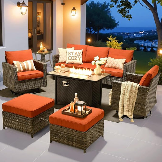 ovios 7 Pieces Patio Furniture Set with 42" Fire Pit Table, Outdoor Wicker Sofa with Swivel Chairs, All Weather High Back Rattan Couch Conversation Set, Orange Red