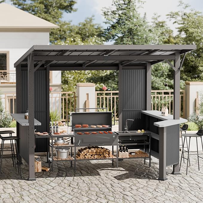 10' x 10' Hardtop Grill Gazebo,Outdoor Galvanized Steel BBQ Lean to Gazebo with 2 Side Shelves,Permanent Hardtop Grill Canopy with Independent Countertop for Patio Backyard Lawn Garden