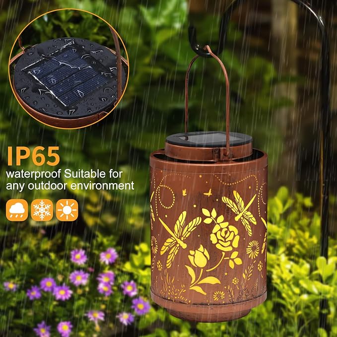 2 Pack Dragonfly Solar Lanterns Garden Decor Birthday Gifts for Women | Gifts for Mon Grandma Metal Hanging Solar Lights Outdoor Waterproof Decoration for Outside LED Lanterns for Yard