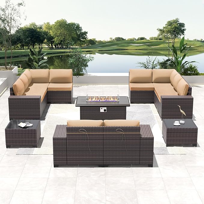 13 PCS Outdoor Patio Furniture Set,Outdoor Sectional Furniture with 43" 55000 BTU Gas Propane Fire Pit Table,All Weather PE Rattan Wicker Patio Conversation Set,Sand