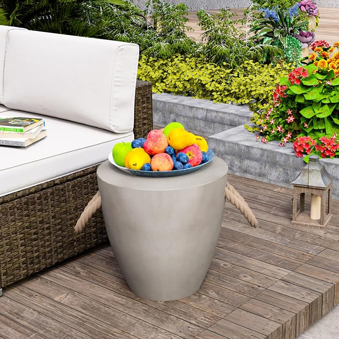 HOMPUS Concrete Outdoor Side Table Drum Accent Light Gray Modern End Table, Round Coffee Table with Rope Handle Garden Stool Decor for Garden, Indoor, Living Room