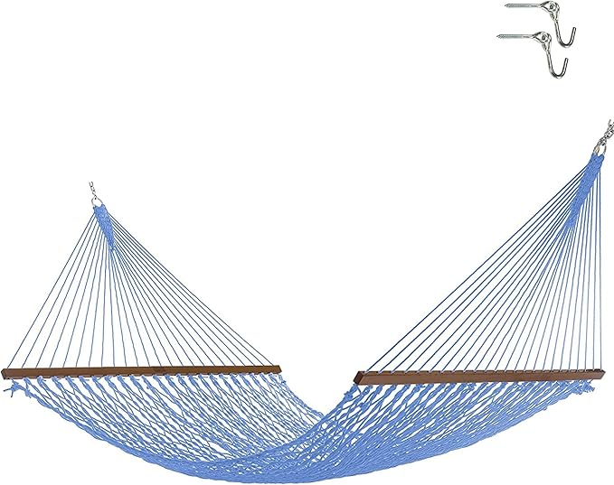 Nags Head Hammocks Admiral Coastal Blue DuraCord Rope Hammock – 13 ft. x 60 in., 2-Person, 450 lb Capacity, Cumaru Spreader Bar, Free Chains & Tree Hooks, Handcrafted in The USA