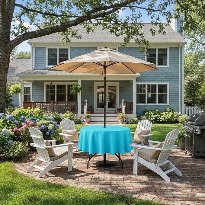 Outdoor Tablecloth Wrinkle-Free Stain Resistant Waterproof Polyester Fabric Table Cover with Zipper Umbrella Hole for Picnic/Party/Dinner/Patio Garden(60inch Round,Zippered,Aqua)