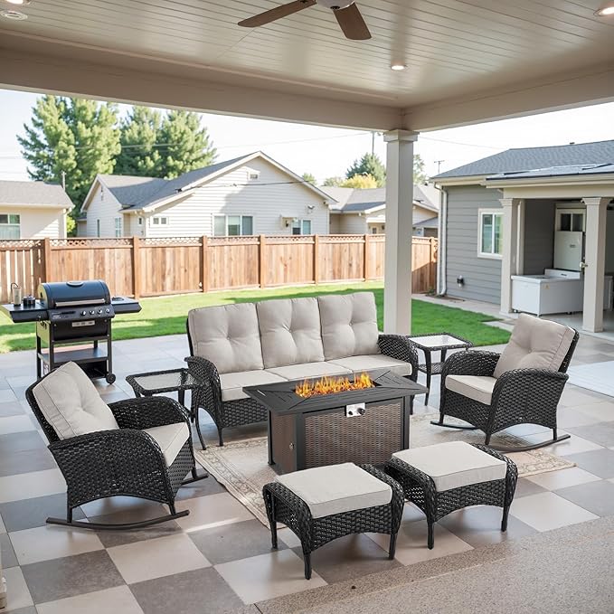 Belord Patio Furniture Set with Fire Pit Table - 8 Piece Outdoor Wicker Furniture Set with 43" 50000 BTU Propane Fire Pit and Rocking Chairs Patio Conversation Set for Deck Outside Backyard Black