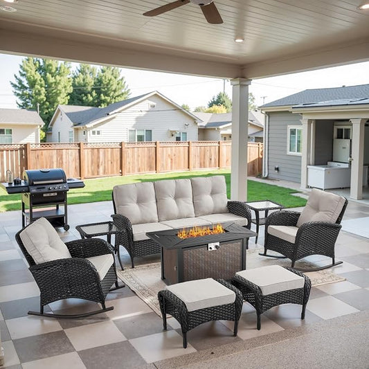 Belord Patio Furniture Set with Fire Pit Table - 8 Piece Outdoor Wicker Furniture Set with 43" 50000 BTU Propane Fire Pit and Rocking Chairs Patio Conversation Set for Deck Outside Backyard Black