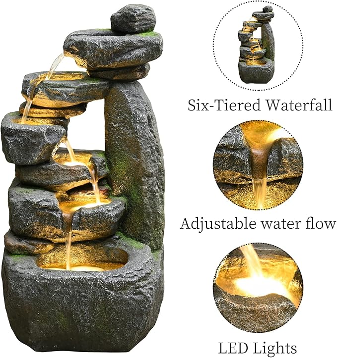 32.68'' Outdoor Garden Water Fountain with Lights Cascading Large Waterfall Floor Standing Fountain for Patio, Backyard, Deck, Porch and Home Art Decor